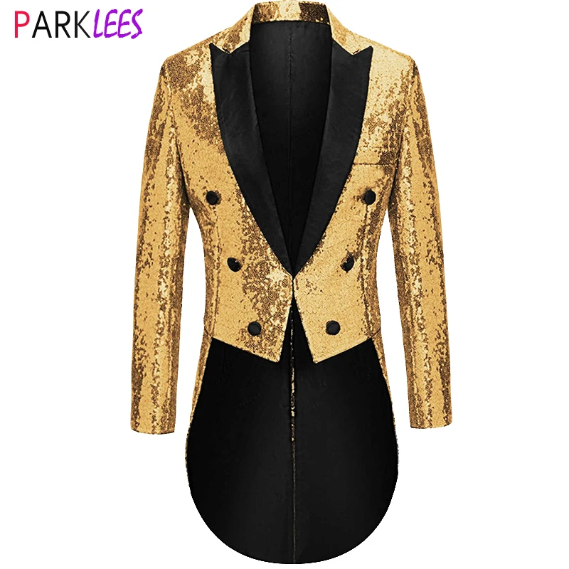 Mens Shiny Gold Sequin Giltter Tailcoat Suit Jacket Double Breasted Peak Collar Shiny Blazers Nightclub Prom Stage Costume Homme