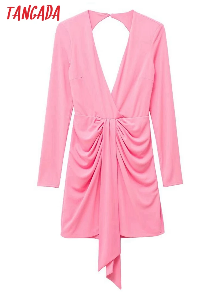 

Tangada Women's Sexy Backless Pink Shirt Dress Long Sleeve 2022 Fashion Lady Party Dresses 3H410