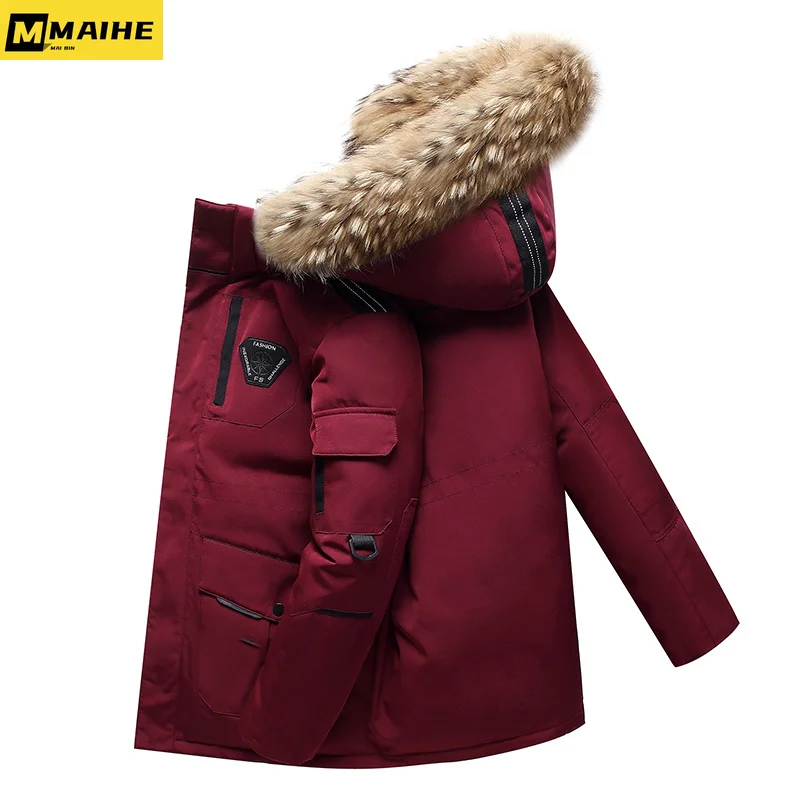 -30 Degree Winter Down Jacket Men Down Cotton Parkas Coat Mid-length Large Fur Collar Male Thicken Coat Snow Overcoat Parkas
