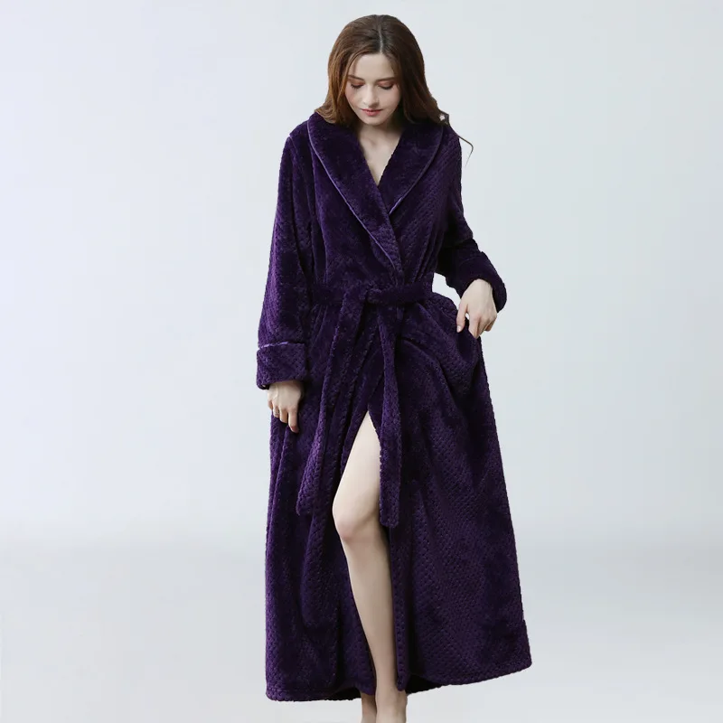 Autumn Winter Couple's Nightgown Bathrobe Flannel Long Robe Thick Warm Sleepwear Man Women Loose