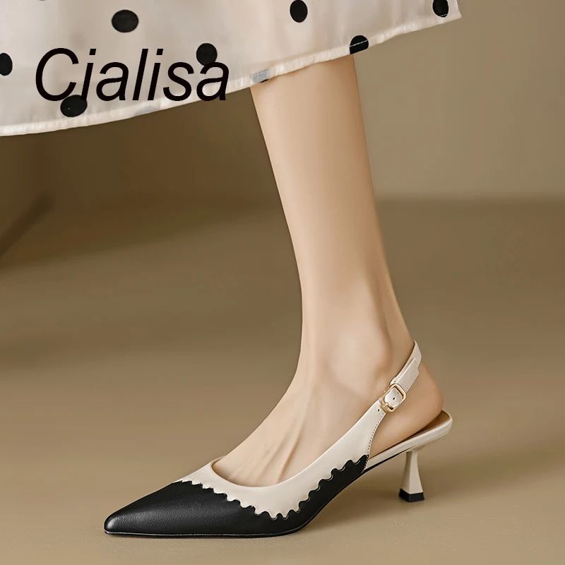 

Cialisa Fashion Women Sandals Real Leather Pointed Toe Handmade Shoes Elegant Thin High Heels Lady Footwear Apricot 2023 Summer