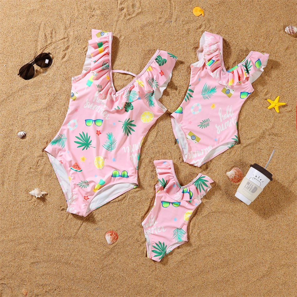 

V-Neck Swimsuits Ruffled Mother Daughter Swimwear Family Set Mommy and Me Matching Clothes One-Piece Mom Girl Baby Bathing Suits