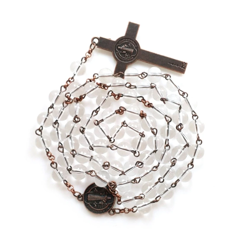 

White Glass Rosary Necklace Round Bead Praying Meditation Gift Supplies