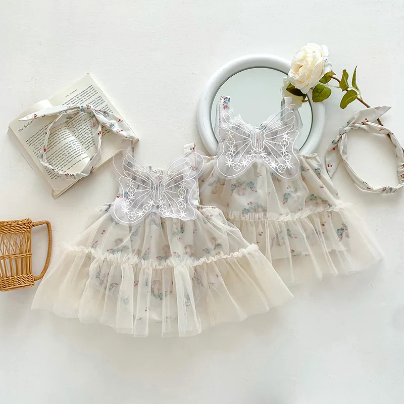 

Sisters Clothes Kids Party Dress Toddler Baby Romper Sleeveless Cotton Printing Mesh Splicing Summer Baby Girls Princess Dress