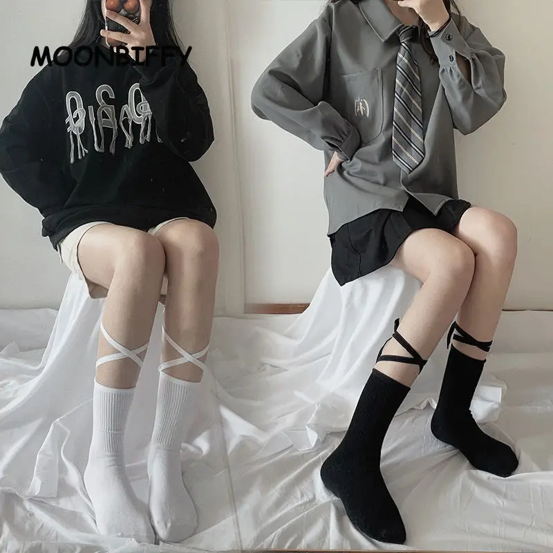 

Женские носки от Ins Tide Jk, Корейская японская версия, черные леггинсы с перекрестным бантом, носки средней длины, летние тонкие женские