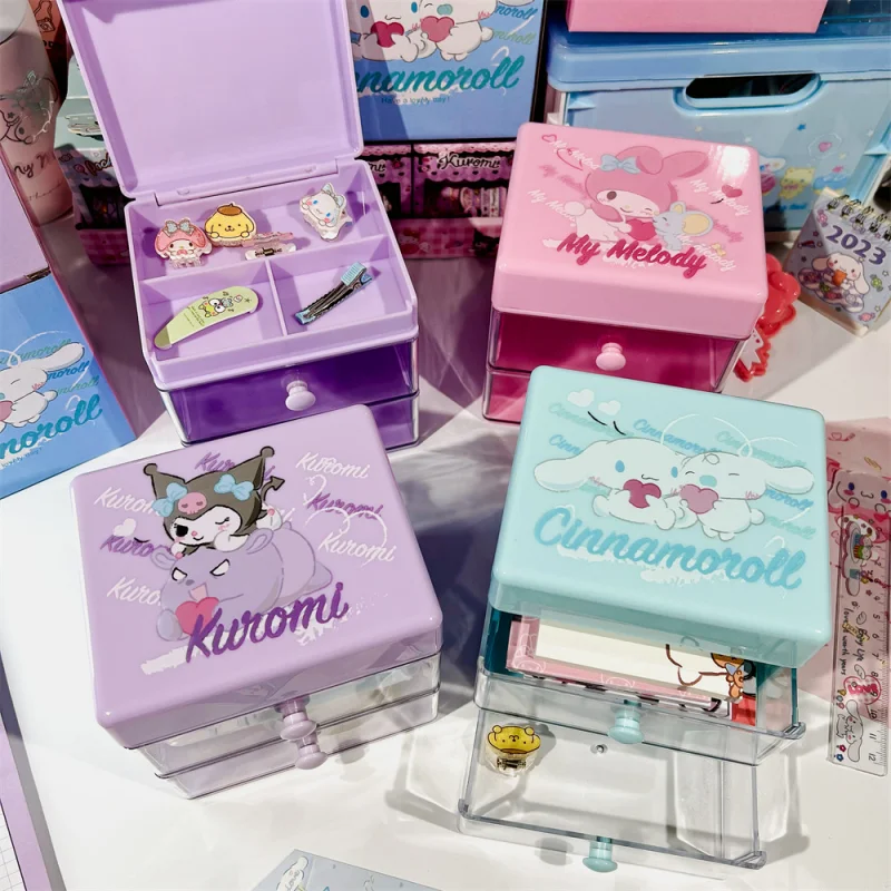 

Милый Контейнер для хранения Sanrio, милая портативная двухслойная коробка для хранения ювелирных изделий Kuromi My Melody Cinnamoroll с мультипликационн...