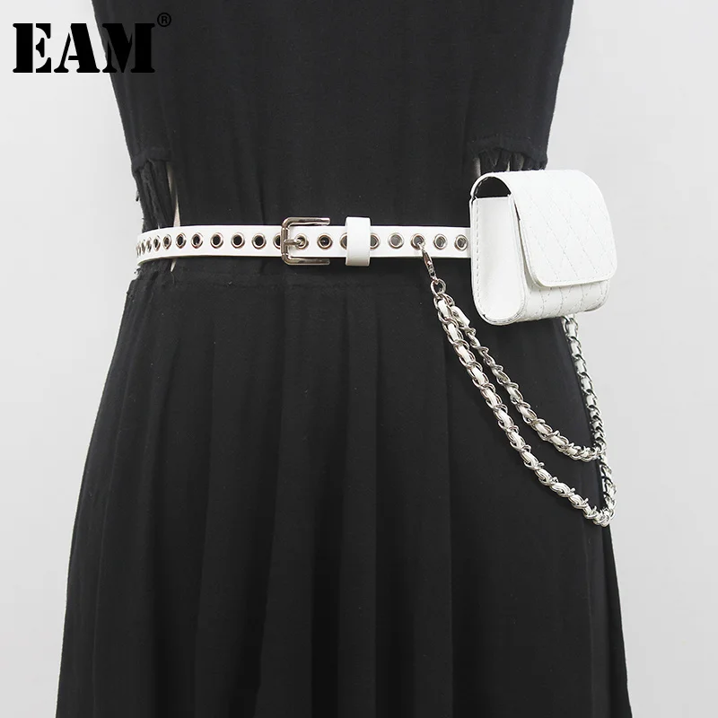 

[EAM] Pu Leather Metal Chain Mini-bag Long Wide Belt Personality Women New Fashion Tide All-match Spring Autumn 2023 1DF1931