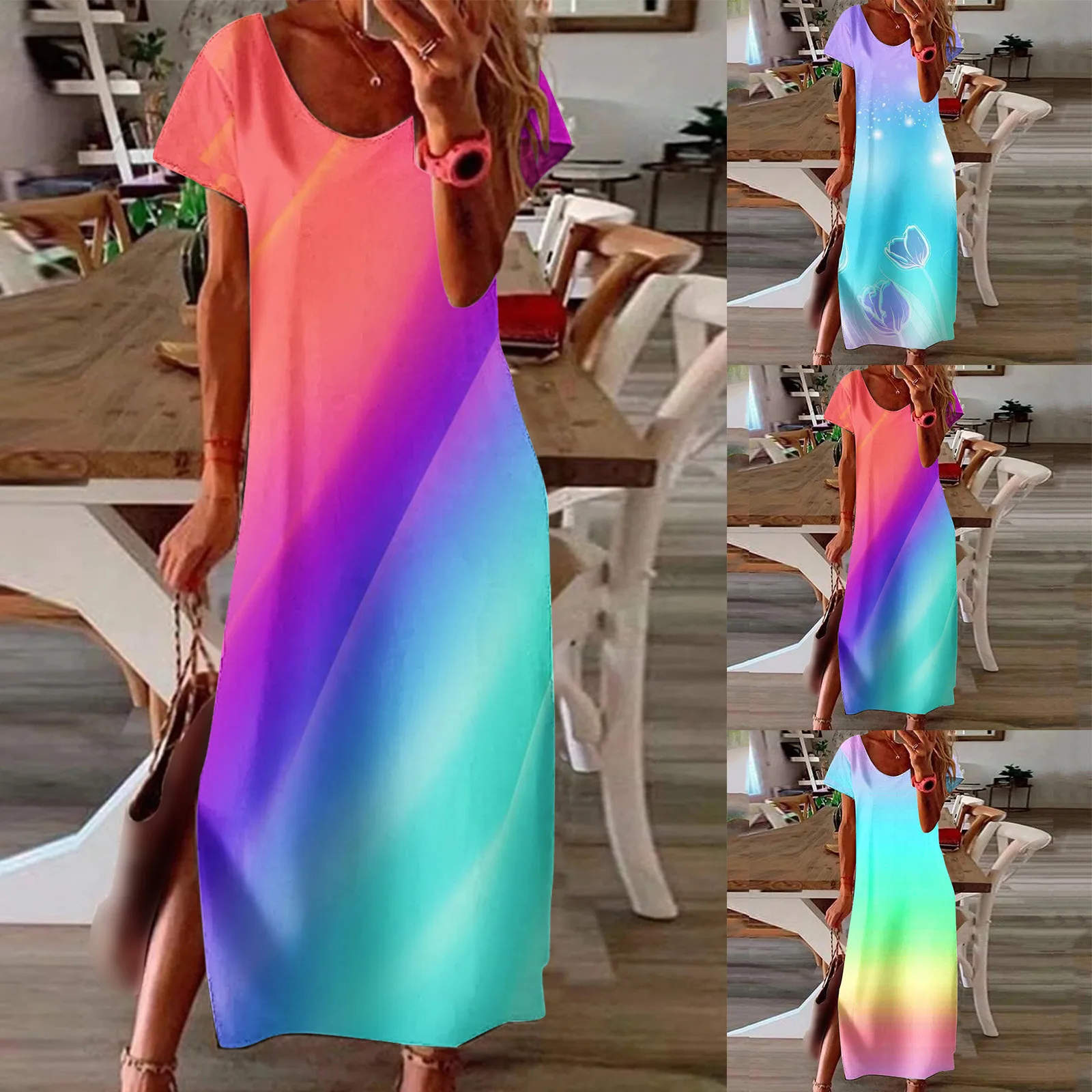 

Женское повседневное длинное платье, свободное платье с градиентным принтом, Длинное свободное платье с коротким рукавом, круглым вырезом ...