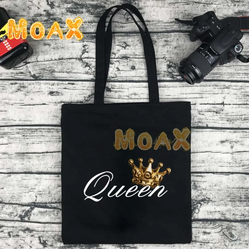 

Crown Pattern Shopping Bag Black Reusable Tote Bags Ladies Fashion Shoulder Bag King Queen Letter Women's Casual Canva Handbags