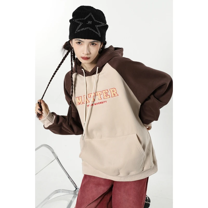 

Vintage Apricot Women Sweatshirt American Fashion Embroidery Splicing Streetwear Lazy Wind Warm Winter Female Hooded Pullover