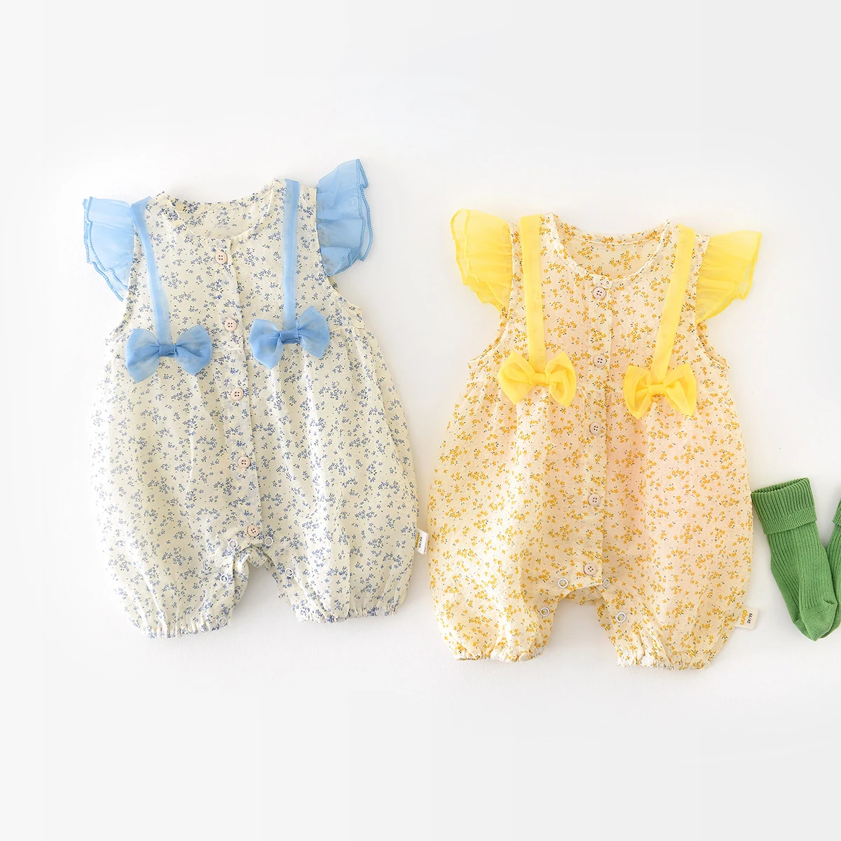 

2023 Summer Baby Romper Newborn Girls Floral Jumpsuit Thin Cotton Toddler Girl Sweet Single Breasted Flying Sleeve Onesie