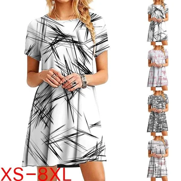 

2033 Fashion Women's Casual Loose Dress Summer Crewneck Loose Dress Fashion Plus Size Print Dress