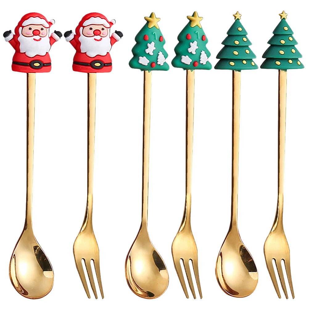 

Christmas Spoon Spoons Fork Dessert Coffeesteel Stainless Forks Set Mixing Stirring Flatware Tableware Espresso Tree Santa Tea
