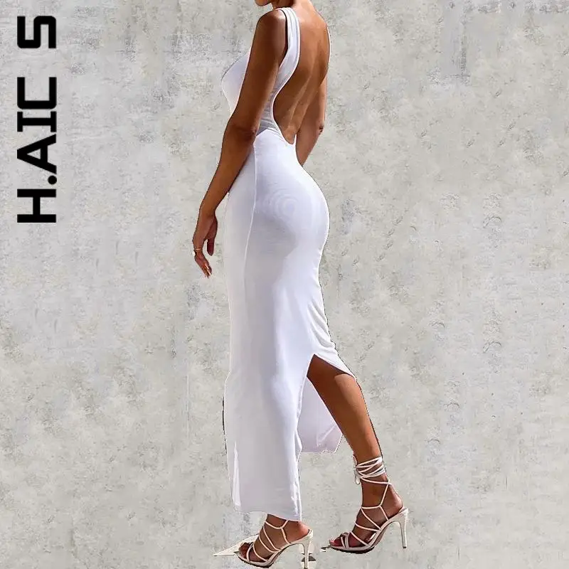 

H.Aic S Fashion Women Dress Temperament O-neck Backless Long Maxi Evening Dresses Elastic Cheap Vestidos Female Dress Woman