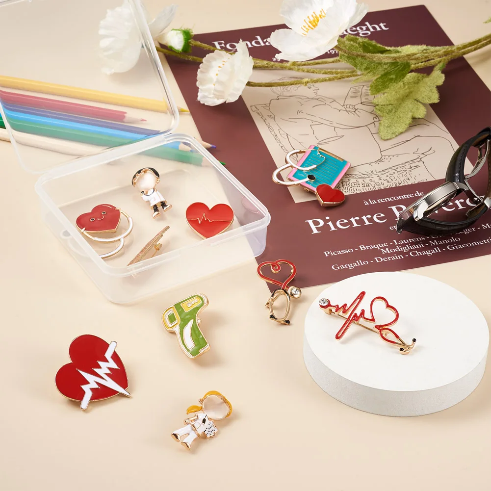 10Pcs Zinc Alloy Enamel Rhinestone Brooch Safety Pins Medical Care theme Brooches For Men Women Garment Jewelry Decorations