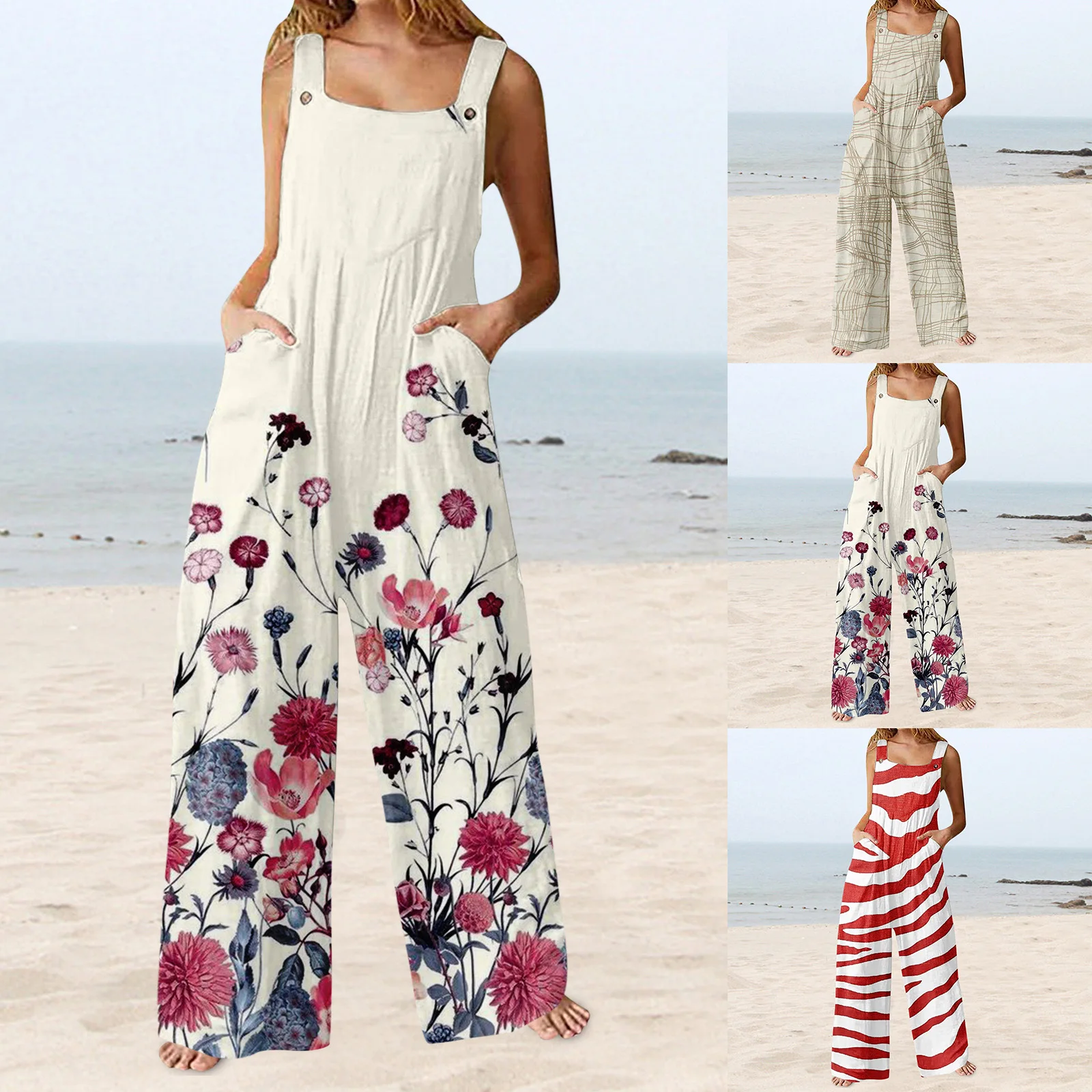 

Women Overalls Summer Casual Loose Sleeveless Patchwork Dual Pockets Jumpsuit Floral Print Wide Leg Bib Casual Body Suits