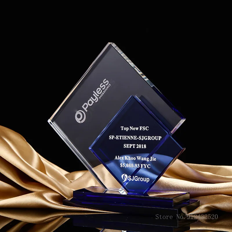 New blue crystal trophy lettering prize awards competition excellent home decoration Big Small square shape crystal trophy