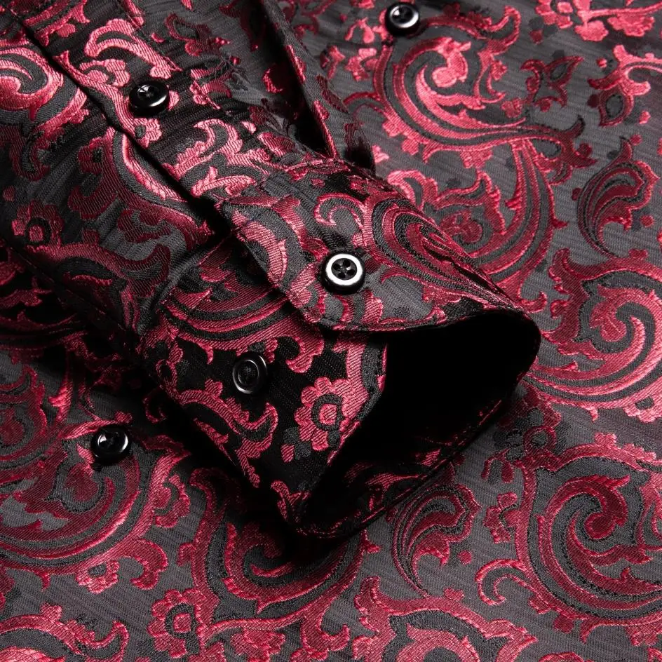 Hi-Tie Brand Silk Mens Shirts Long Sleeve Lapel Red Burgundy Paisley Floral Shirt For Male Breathable High Quality Wedding Plus