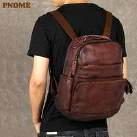 pndme fashion vintage luxury genuine leather mens backpack outdoor travel natural real cowhide large capacity laptop bagpack