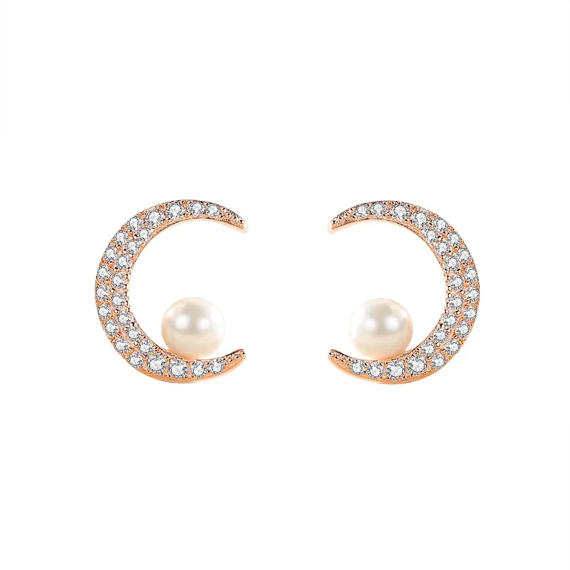 

Cyue European Fine S925 Sterling Silver Crescent Shell Bead AAA Pave Zircon Stud Earrings For Women gift