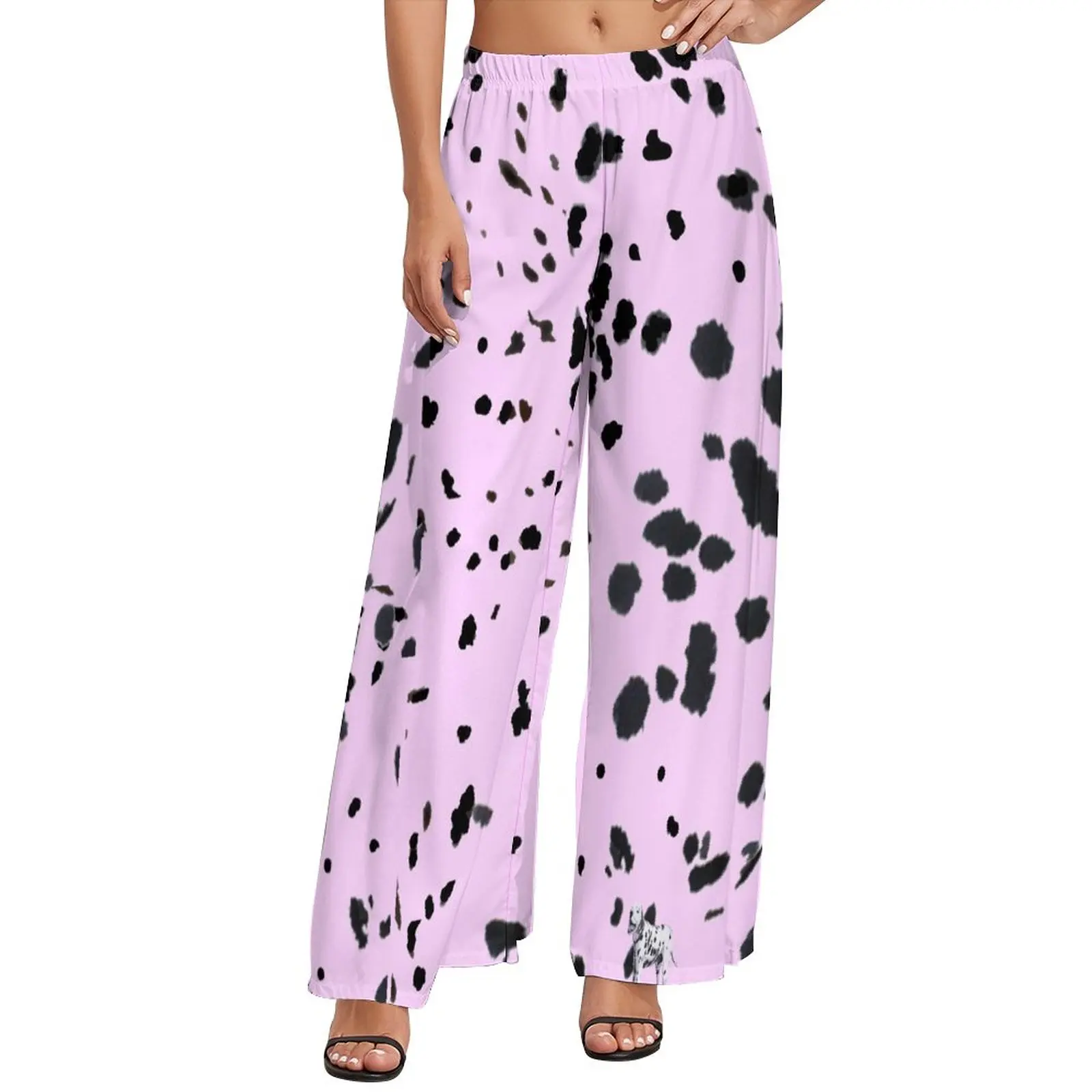 

Pink Dalmatian Print Pants Ladies Polka Dots Streetwear Trousers Elastic High Waist Casual Wide Pants Birthday Present