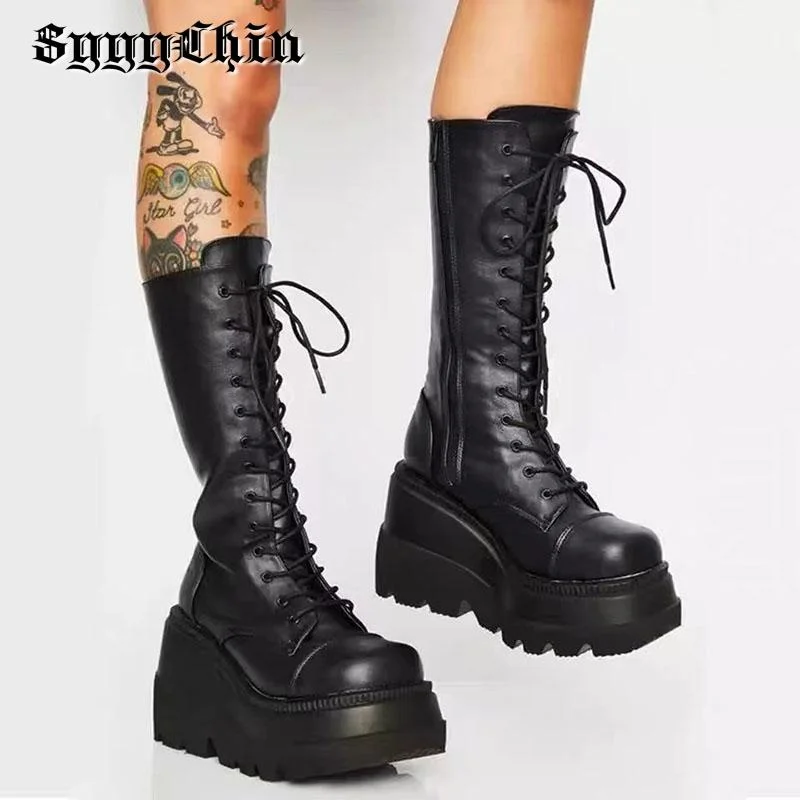 

Winter Women Boots Mid-calf Wedge High Heel Platform Lace Up Zip Ladies Pumps Female Punk Gothic Motorcycle Black Round Toe Shoe