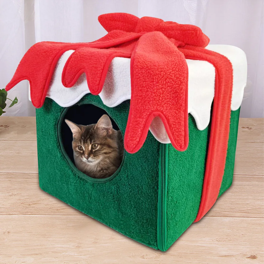 

Кровать для кошек, Рождественская Подарочная коробка, съемная дышащая теплая кровать для домашних животных, моющаяся мягкая подушка для ко...