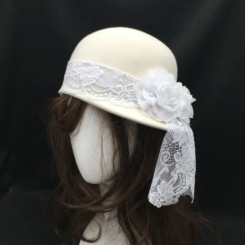 French retro white 100% wool hat ladies elegance Black floral lace beret French wedding wool top hat ladies felt hat