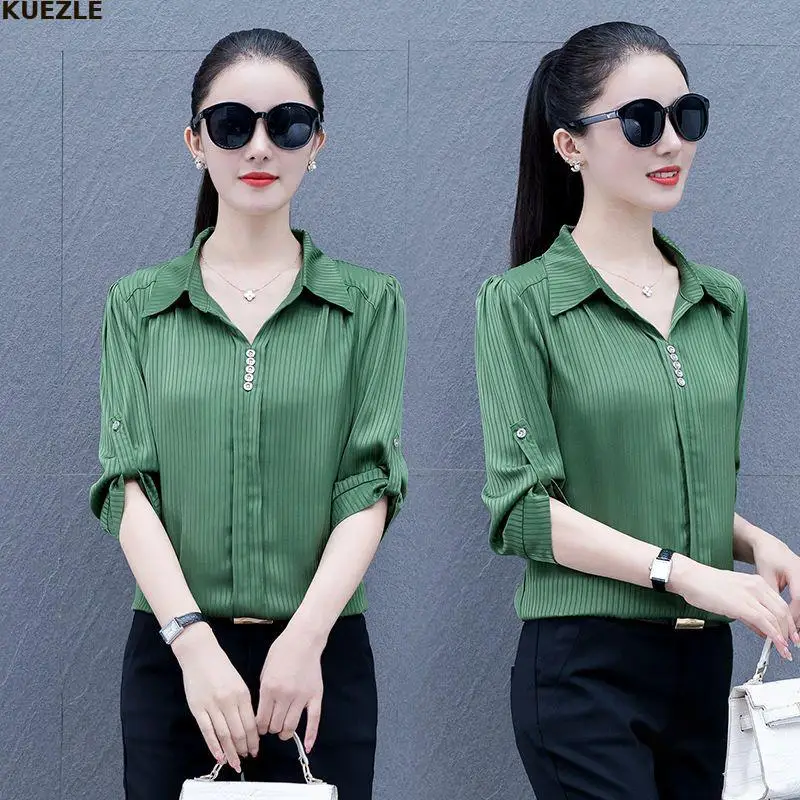 

Женская шифоновая блузка с рукавом три четверти, черная Свободная Повседневная Однотонная рубашка с животом, Элегантная футболка, лето 2022