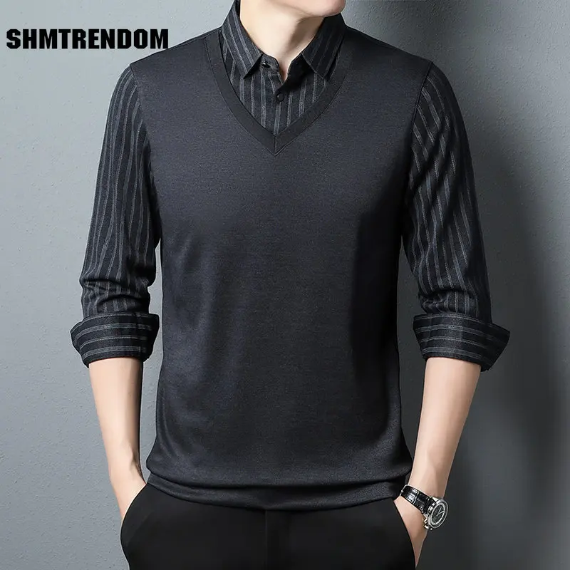

New Patchwork Fake Two Striped Men Shirts Spring Autumn Long Sleeve Luxury Pullover Blouse Casual Slim Fit Camisa Masculina C930