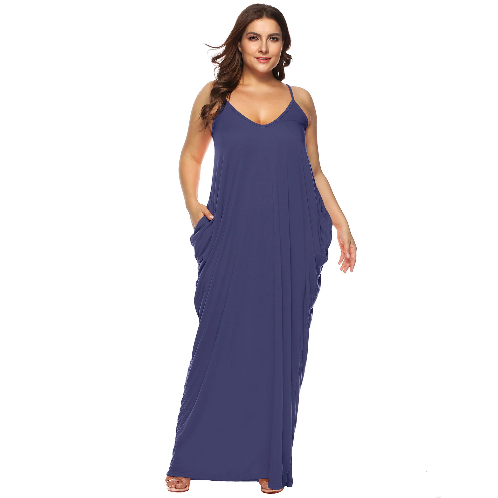 3XL Big Size Sheer Casual Maxi Dresses for Women Summer 2022 Plus Size Sexy Slip Dress Ladies Pocket Loose Dresses Free Shipping