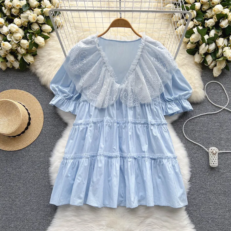 

Sweet Ruffle V-neck dress new summer 2022 versatile puff sleeve loose A-line Dress vestidos de verano mujer 2022