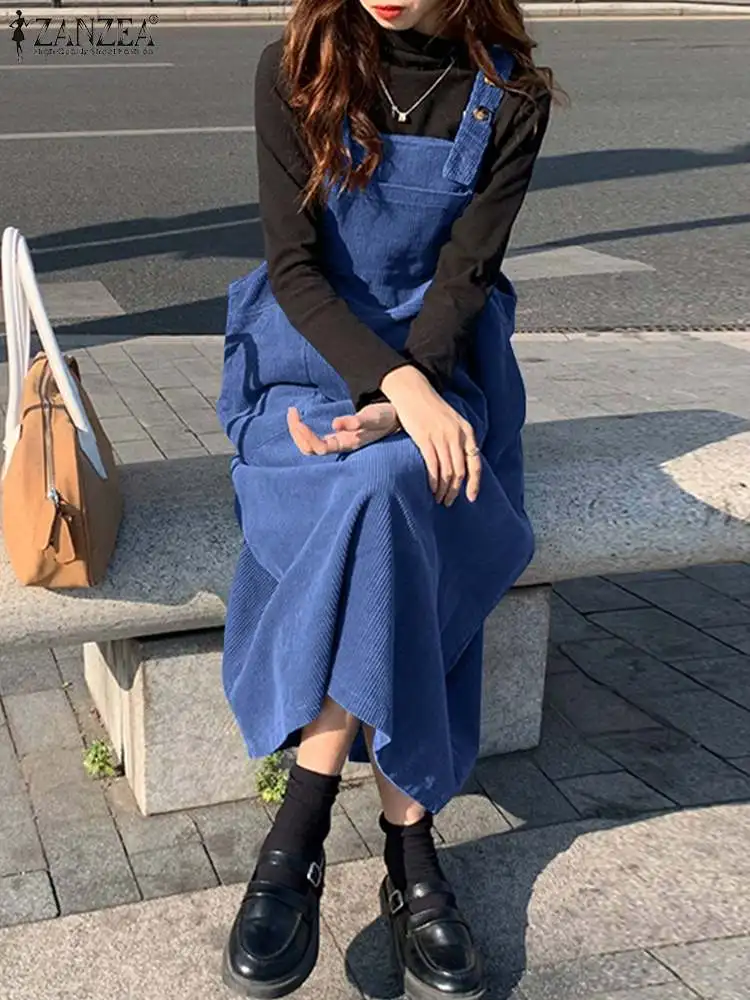 

Вельветовые Vestidos 2022 летние однотонные сарафаны Женские повседневные без рукавов ZANZEA Ретро корейские ремни-подтяжки платье Большой размер ...