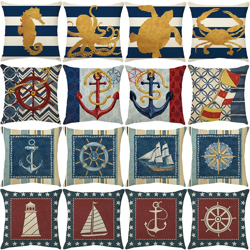 

Blue Stripe Geometric Cushion Cover 45X45cm Ship Anchor Pattern Print Pillowcase Marine Life Decorative Linen Throw Pillow Cover