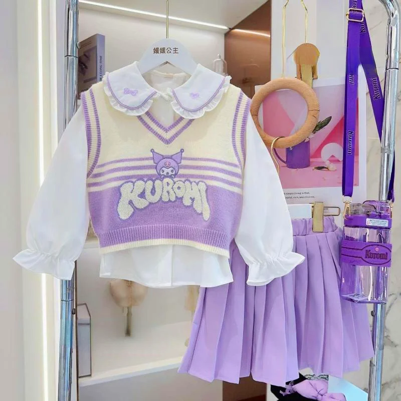 

Kawaii Sanrio комплект детской одежды Аниме Kuromi колледж Стиль гофрированный воротник рубашка Симпатичный вязаный жилет плиссированная юбка для девочки Jk костюм униформы