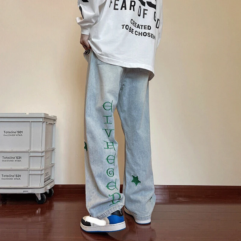 Mens Y2K Clothes Jeans Star Embroidery Denim Trousers  Streetwear Baggy Pants Casual Jean Vintage Hip Hop Wide Leg Pants Men