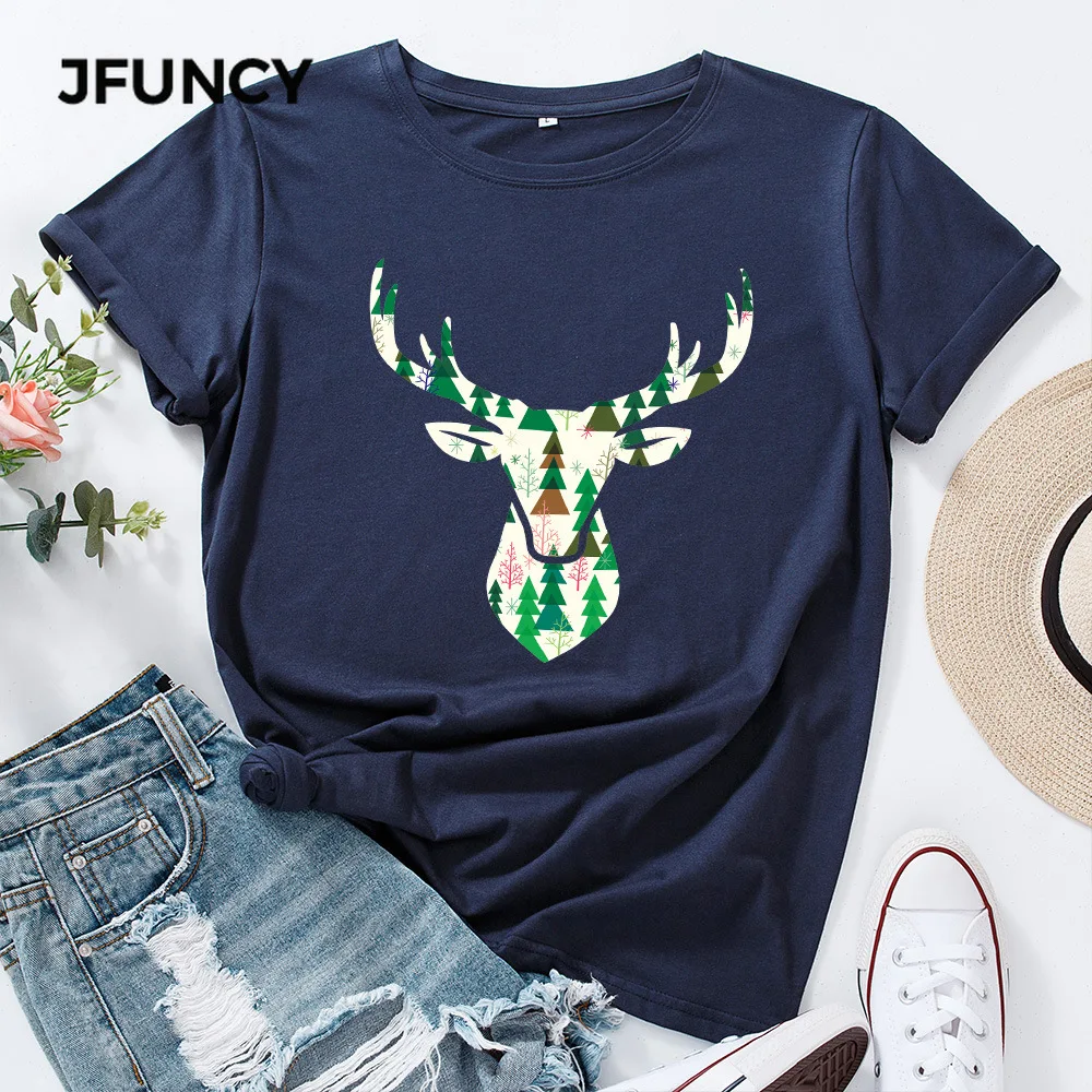 JFUNCY 100% Cotton Women's Tops Christmas Elk Printed T-shirt Female Casual T Shirt Women  Short Sleeve Graphic Tees