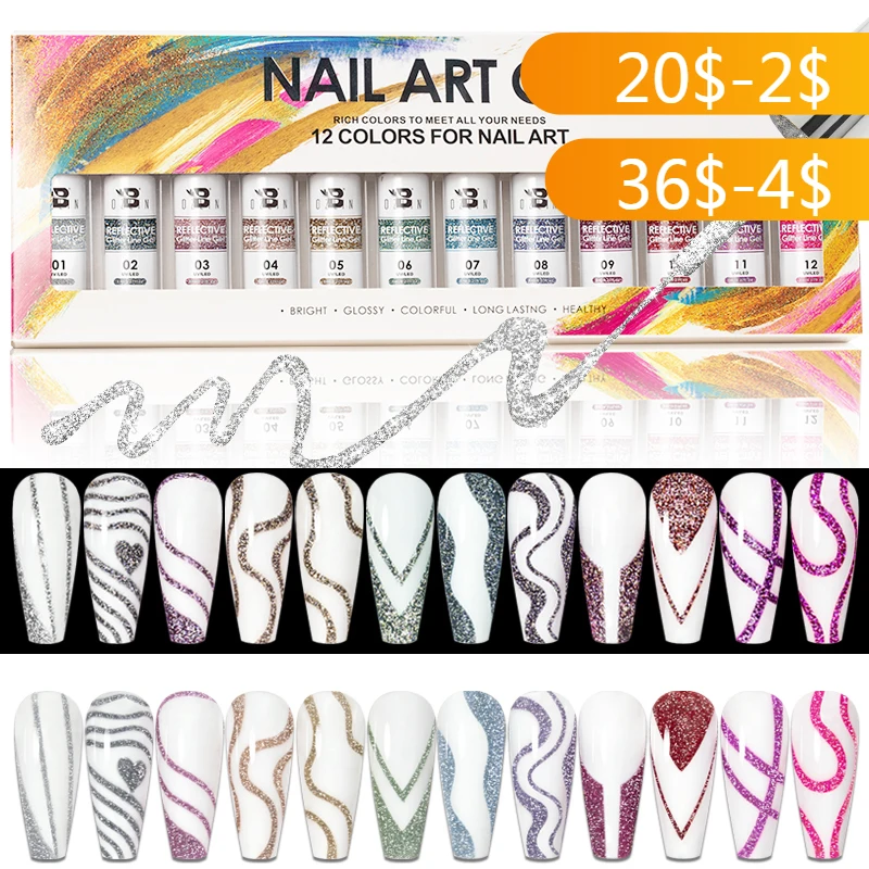 

BOZLIN 8ML Reflective Glitter Line Gel Kit Nail Polish 12 Colors For UV/LED Paint Nails Drawing Polish DIY