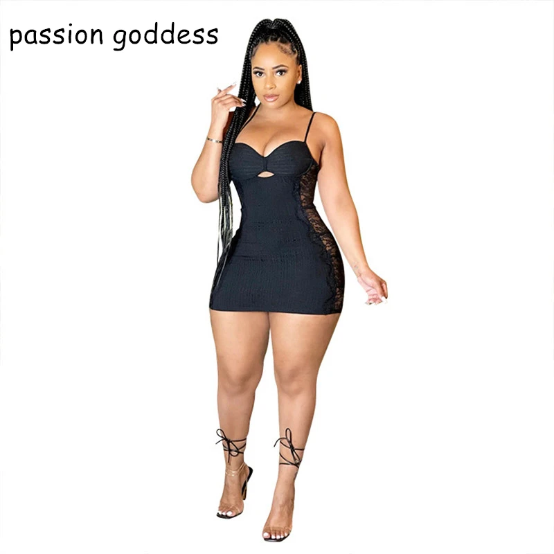 

Summer Plus Size Black Sexy Dresses Women Bodycon Night Club Wear Mini Party Dress Lace Patchwork Spaghetti Strap Dress Vestidos