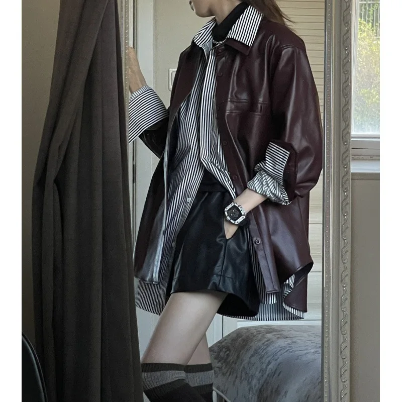 2024Новое осенне-зимнее пальто из натуральной кожи фиолетового цвета женская