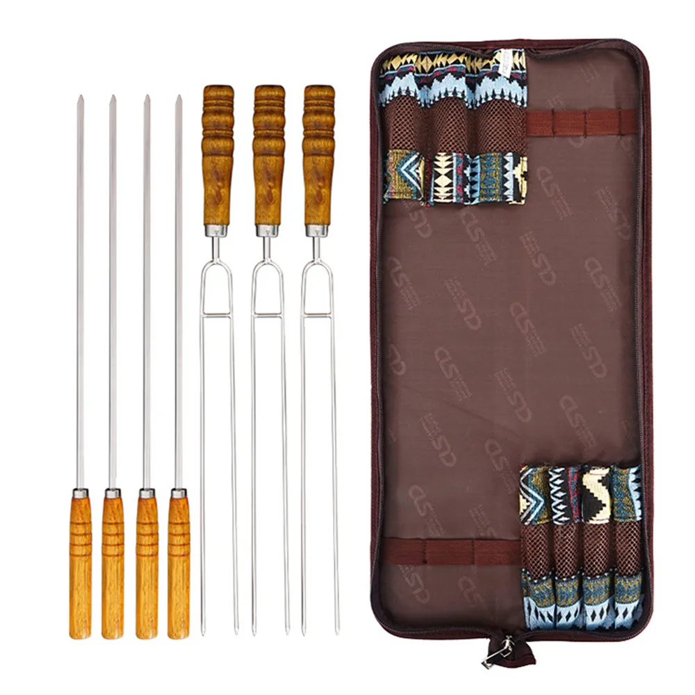 

7pcs/set BBQ Fork U-shaped Stainless Steel Roasting Forks Wood Handle Delicate Storage Bag Barbecue Needle Camping Picnic Tools