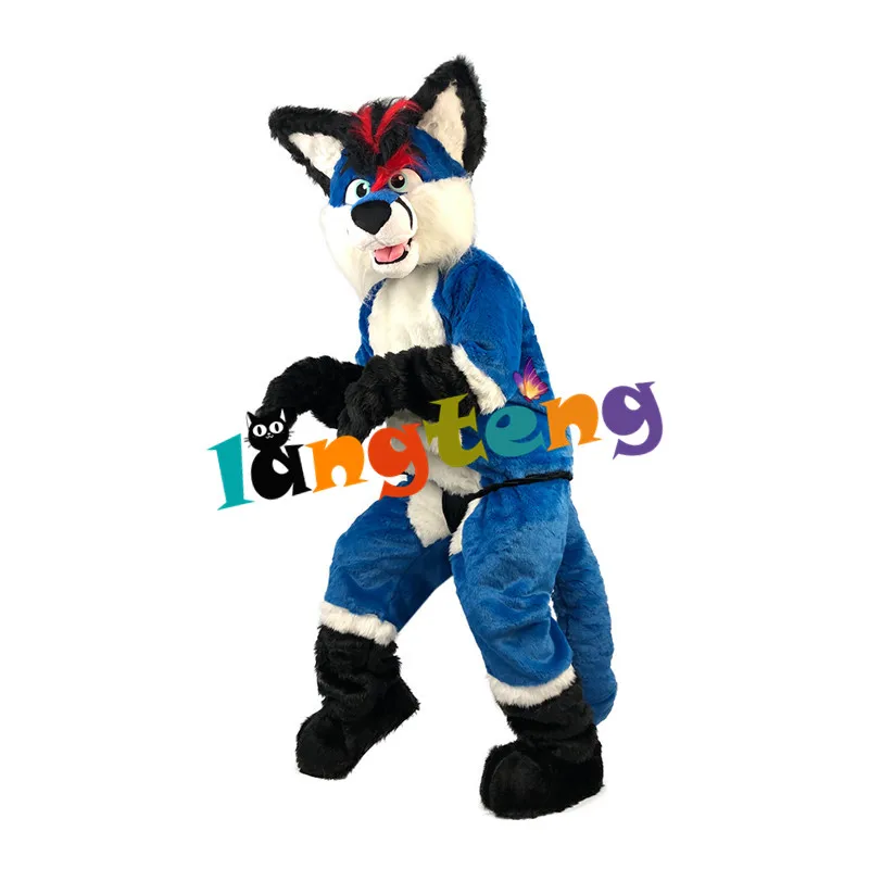 Синий волк лиса собака костюм талисмана карикатура фурсьют проп высококлассные наряды ходячий пушистый костюм зверь хэллоуин вечеринка наряжаться.