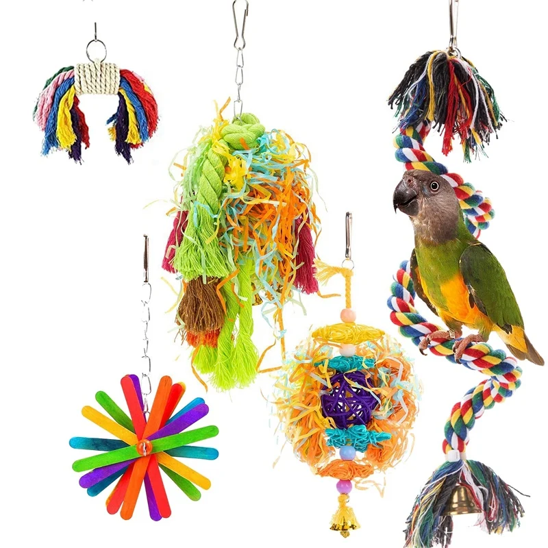 

5 упаковок, жевательные игрушки для птиц, попугай, формовочный Шреддер, игрушки Shred, подвесная модель, окунь, попугай, игрушки для Bungee, игрушка...