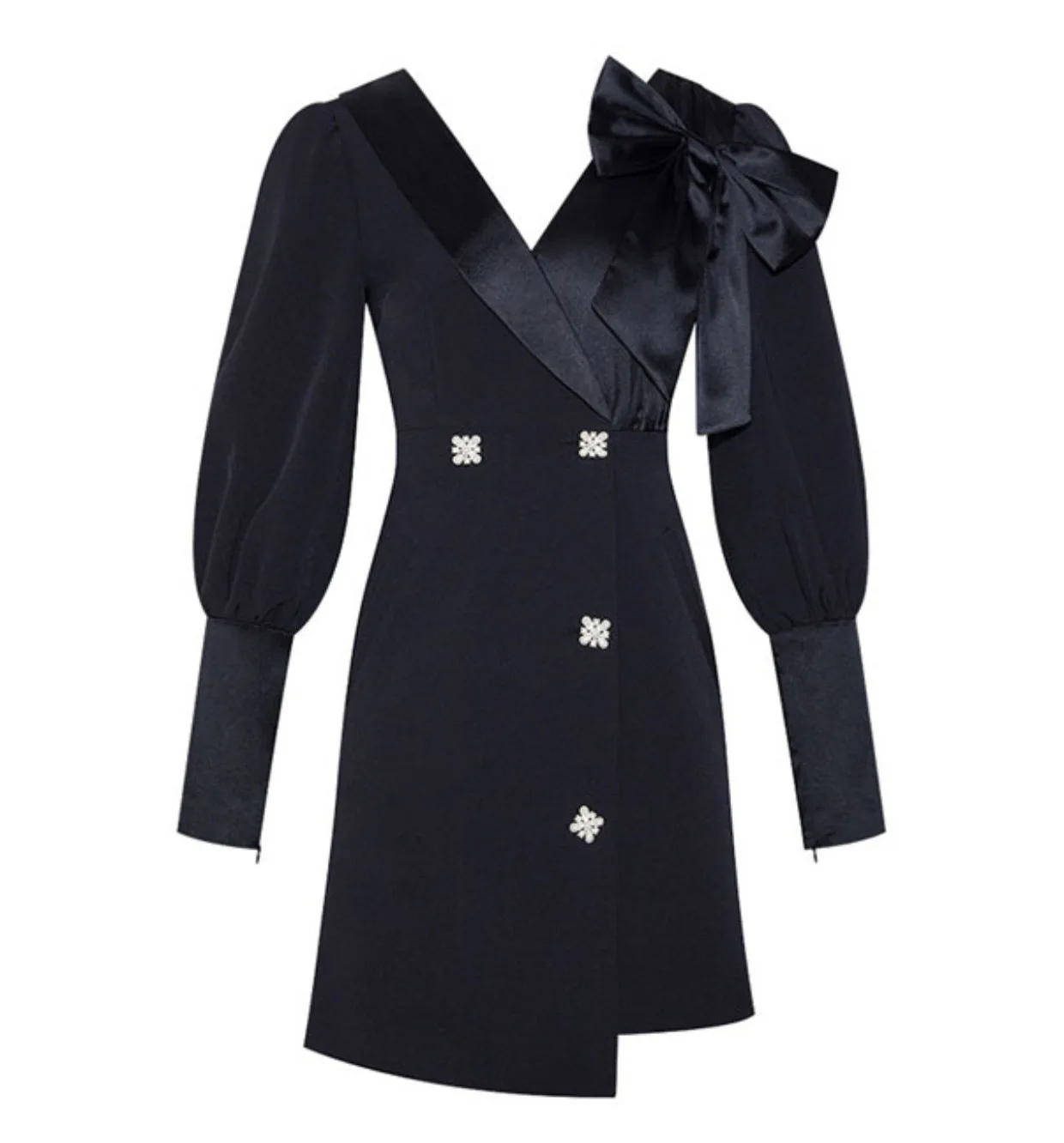 

Женское винтажное короткое платье, черное однотонное асимметричное платье мини с V-образным вырезом, пуговицами со стразами и длинным рукав...