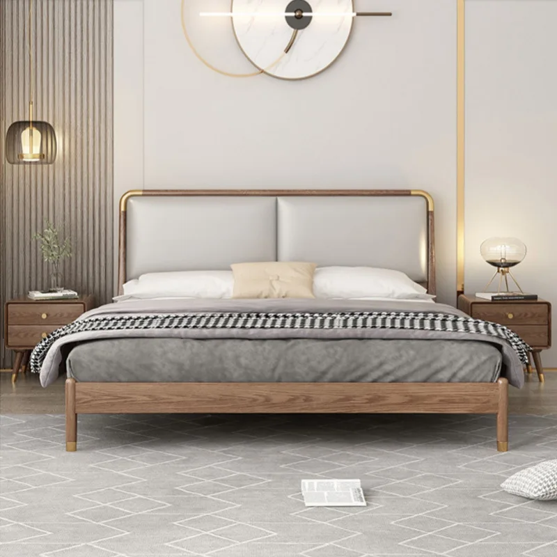 

Nordic solid wood genuine leather bed, 1.8m double bed, white wax wood, simple modern 1.5 children's wedding bed with storage hi