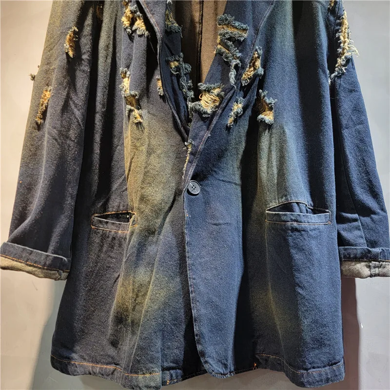 DEAT женский джинсовый пиджак свободный со старыми сломанными отверстиями