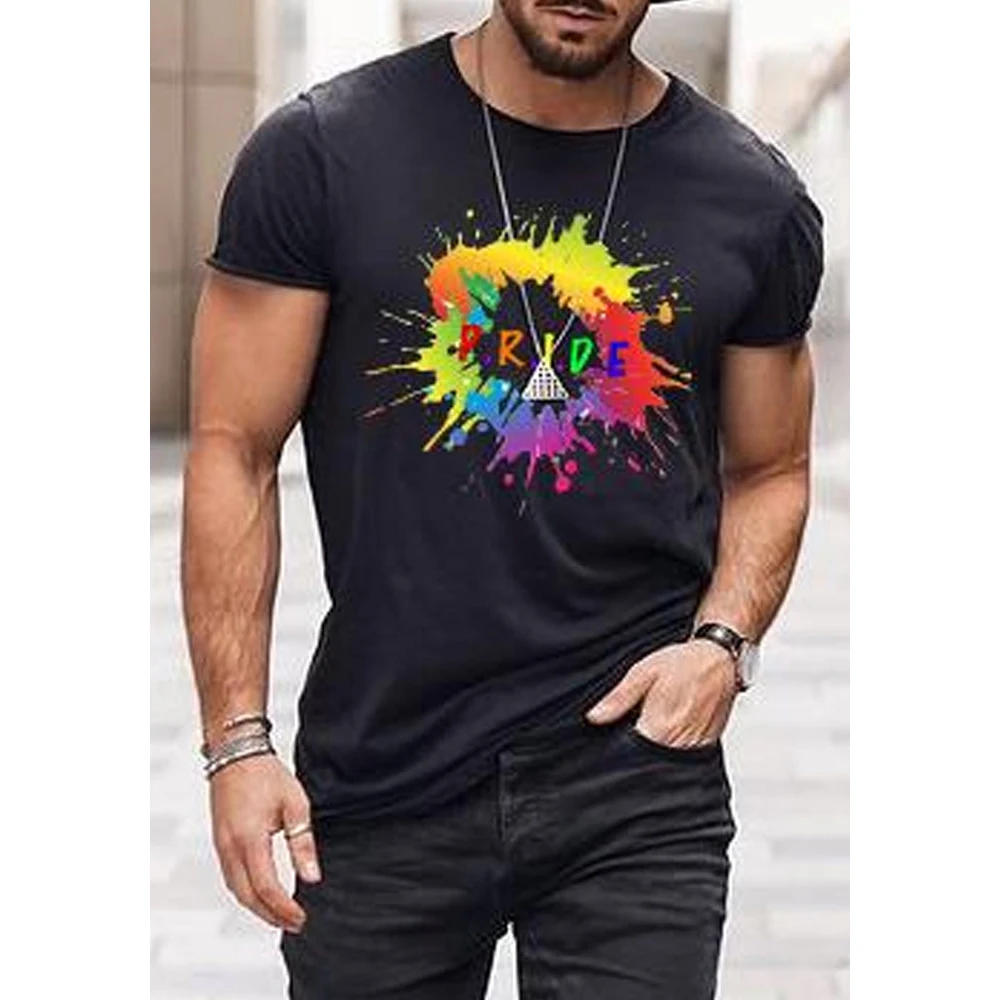 

Badassdude Pride Rainbow Painted Splatter Tee Printing Men's Casual Fashion T-shirt