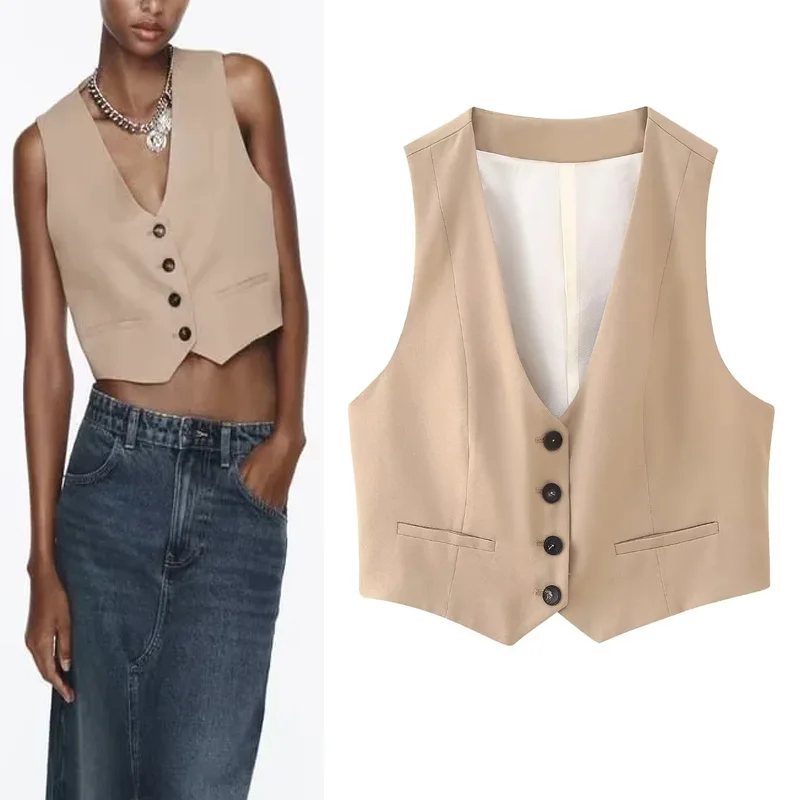 

TRAF 2023 Short New Vest For Women Sleeveless Jackets Woman Fashion V-Neck Waistcoat Female Elegant Button-Up Pockets Outerwears