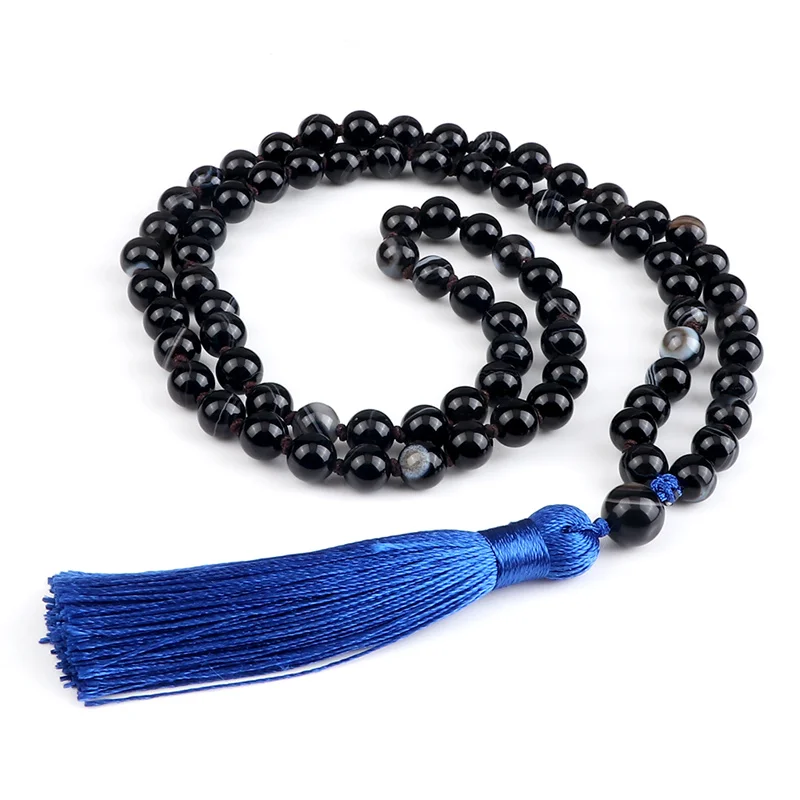 

Ожерелье из натурального черного агата в полоску, женское ожерелье с бахромой и звеньями 108 мала, очаровательное мужское украшение для йоги