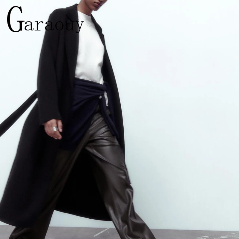 

Garaouy 2022 Winter New Women's Basic Simple Classic Long Woolen Coat Cardigan Female Casual Cardigan With Belt Overcoat Mujer